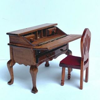 1:12 Vintage Dollhouse Miniature Furniture Secretary Desk Red Velvet Chair Wood