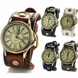 Vintage Mens Womens Steampunk Watches Wide Leather Wristband Bracelet Cuff