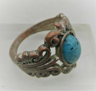Post Medieval Vintage Copper Seal Ring With Blue Stone