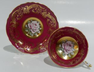 Rare PARAGON FLOATING PINK ROSE on GOLD CUP & SAUCER Hand Painted c1952 - 60 2