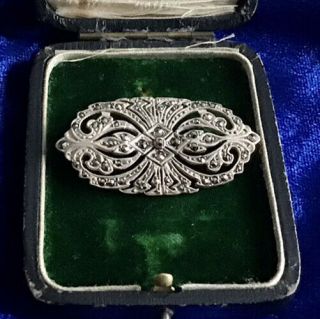 Fine Antique Art Nouveau Solid Silver & Real Marcasite Set Brooch