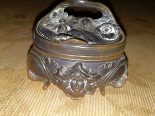 Vtg Antique Victorian Art Nouveau Metal Floral B & W Casket Trinket Jewelry Box