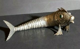 Stunning Rare Spanish Sterling Silver Articulated Fish Green Glass Eyes Figurine