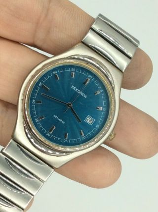 Fantastic Men’s Vintage Sekonda Date Quartz Wristwatch Blue Face 03362