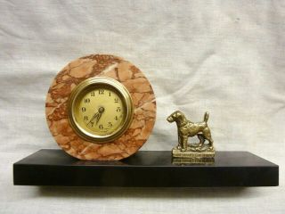 Lovely Art Deco Marble Mantel Clock 30s With Wire Haired Fox Terrier Dog