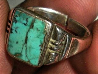Antique Navajo C.  1930 Ingot Coin Silver Turquoise Ring Great Color Stone Vafo