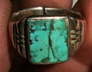 ANTIQUE NAVAJO c.  1930 INGOT COIN SILVER TURQUOISE RING GREAT COLOR STONE vafo 2