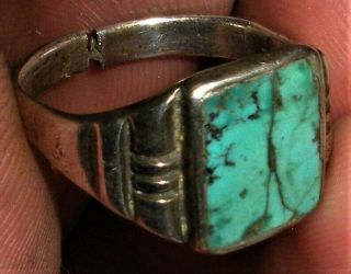 ANTIQUE NAVAJO c.  1930 INGOT COIN SILVER TURQUOISE RING GREAT COLOR STONE vafo 3