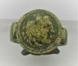 Old Greek Bronze Seal Ring With Head Of Alexander The Great On Bezel