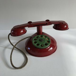 Vintage 1930s Antique Metal Children Toy Dialing Telephone Red Tin Play Phone