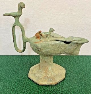 Scarce Ancient Roman Bronze Oil Lamp With Birds Circa 200 - 300ad 132mm