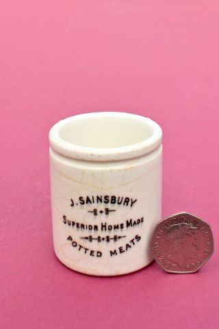 Vintage 1900s Miniature Sainsbury London Superior Potted Meat Sample Ceramic Pot