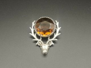 Antique Scottish Sterling Silver Stag Deer Head Antlers Cairngorm? Glass Brooch