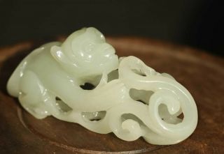 Chinese Natural Hetian White Jade Hand - Carved Statue Monkey Flower Pendant