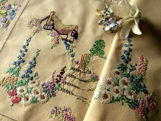 Vintage Hand Embroidered Tray Cloth - Charming Cottage & Flower Garden -