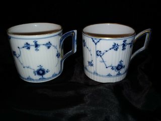 2 Rare Early Royal Copenhagen Blue Fluted Cups Straight Side Cans Tea Coffee
