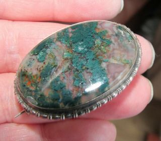 Antique Edwardian Jewellery H/m Solid Silver Moss Agate Brooch Pin Stunning