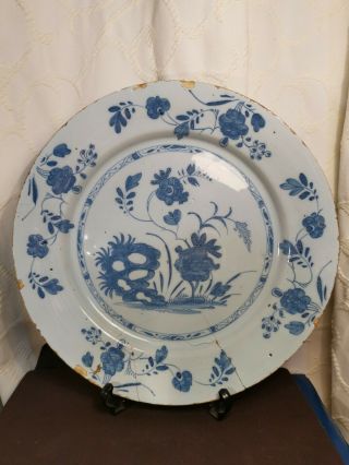 Antique Large 17th 18th Oriental Chinese Blue & White Plate W.  Painted Flowers