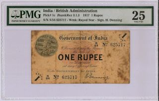 1917 British India Kgv Rs 1 Rupee H Denning Pmg 25 Vf Series S Star Rare