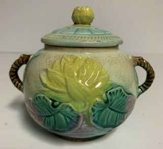 Antique Majolica Double Handled Sugar Bowl Water Pond Lily & Rope W/lid