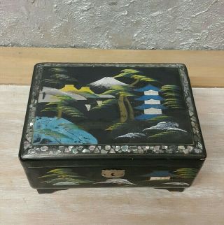 Antique Asian Chinese Jewellery Box With Music Box,  Hand Painted Wooden Box