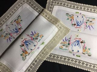 Pair Vintage Linen Hand Embroidered Tray Cloths Crinoline Lady/lace.