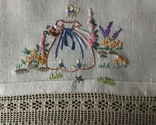 PAIR VINTAGE LINEN HAND EMBROIDERED TRAY CLOTHS CRINOLINE LADY/LACE. 2