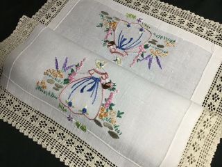 PAIR VINTAGE LINEN HAND EMBROIDERED TRAY CLOTHS CRINOLINE LADY/LACE. 3