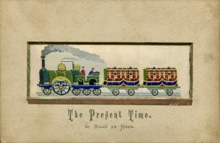 1880s Stevengraph T.  Stevens Silk Woven Picture " The Present Time " Train