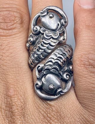 Rare Splendid Vtg.  Margot De Taxco Sterling Silver Koi Fish Wrap Ring Sz 6