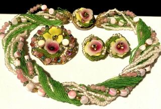 Rare Vintage Miriam Haskell Pink Green Art Glass Flower 3 Pc Set A30