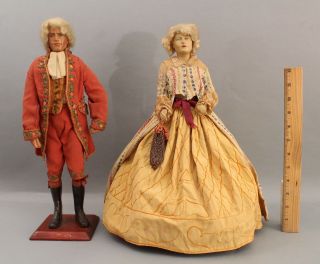 Rare Antique Hand Painted Composition Dolls,  Handmade 18thc Clothes,  Nr