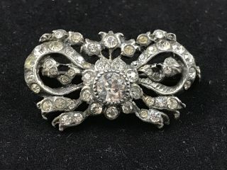 Antique French Paste Silver Metal Bow Brooch,  Edwardian Era