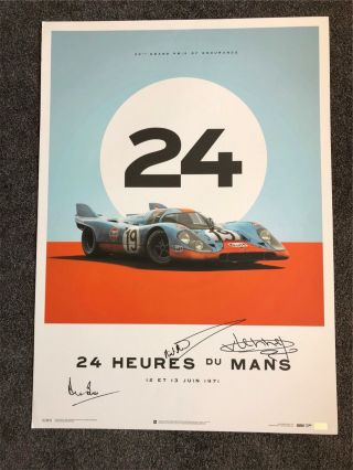 Rare Porsche 917 Gulf 24h Le Mans 1971 Limited Poster Signed Bell Attwood Lennep