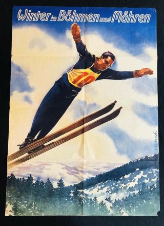 Rare European Ski Poster 1930s Art Deco Lithograph Skiing Alpine