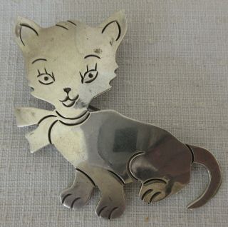Antique Mexico Taxco Mexico City Solid Silver Cat Pin Brooch