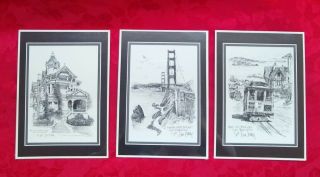 Set Of 3 Don Davey Prints San Francisco Golden Gate Bridge Cable Car Lilienthal