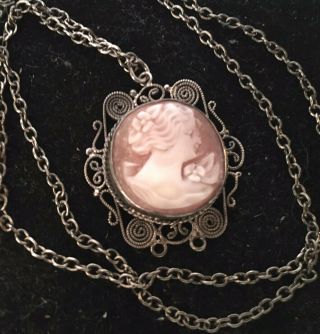 Antique Vintage Sterling Silver Pendant With Cameo And Chain C.  1930 