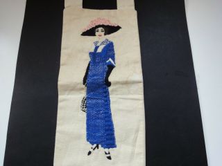 Vintage 1966 Hand Embroidered Linen Art Wall Hanging Of Lady Signed K.  C.  Unique