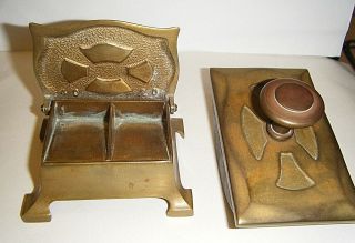 Antique Arts And Crafts Solid Brass Stamp And Ink Blotter Set