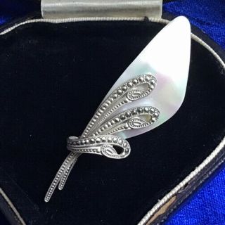 Unusual Antique Art Deco Solid Silver Mother Of Pearl & Marcasite Set Brooch