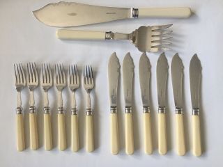 A Set Of 6 Antique Silver Plated Fish Knives,  Forks & Servers W&sj.