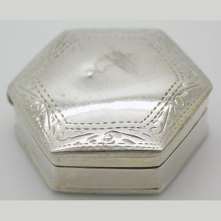 Vintage Sterling Silver 925 Italian Made Hexagon Pill / Snuff Box,  Stamped