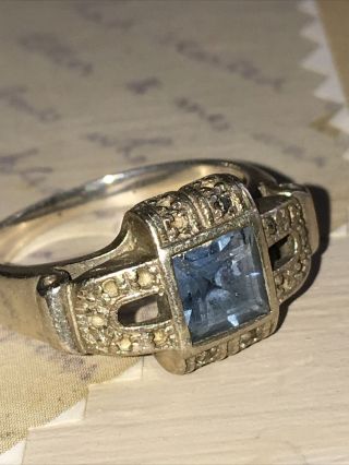 Antique Art Deco Vintage Sterling Silver Blue Topaz? Aquamarine? Marcasite Ring