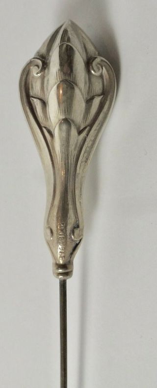 Antique 7 3/4 " Hatpin W/ 2 1/8 " Long Art Nouveau Style Sterling Silver Top