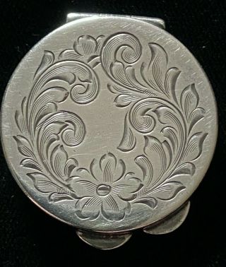 Vintage Sterling Silver Round Hinged Pill Box With Floral Engraving