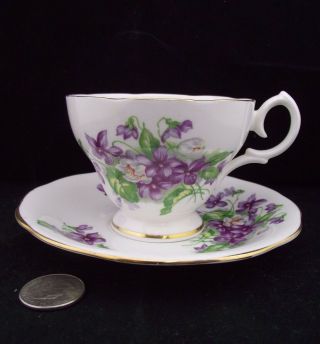 Queen Anne Cabinet Tea Cup And Saucer White & Gold Purple Floral