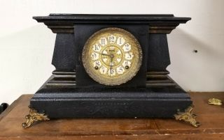 Antique 8 Day Black Mantel Clock Unusual Design Well Seth Thomas