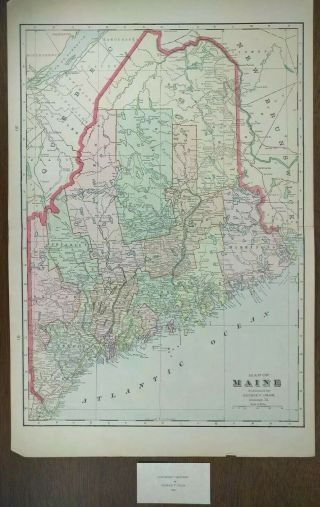 Vintage 1900 Maine Map 14 " X22 " Old Antique Augusta Bangor Portland