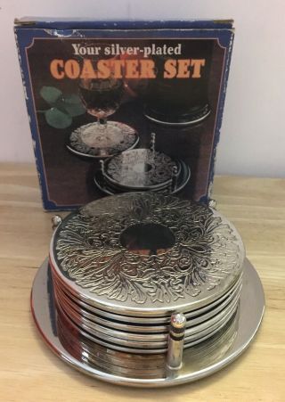 Vintage Readers Digest Silver Plated Drinks Coasters Stand Set 6 Coaters Boxed